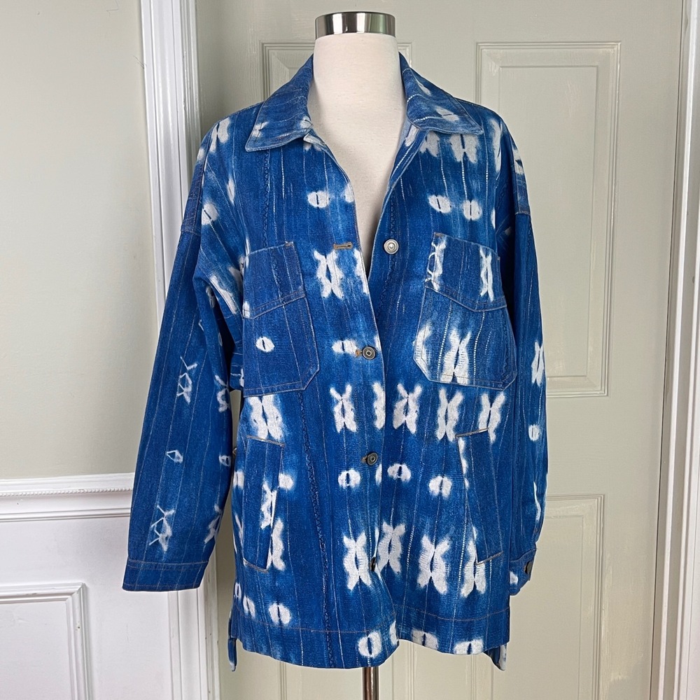 Natural Life Denim Chore Jacket XS/S Womens Tie Dye Indigo Blue Boho Oversized